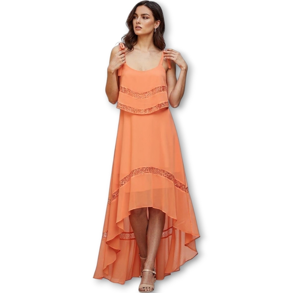 MARCIANO by GUESS Women's Amberly Whimsigoth HIGH-LOW Coral Peach Maxi Dress, XS